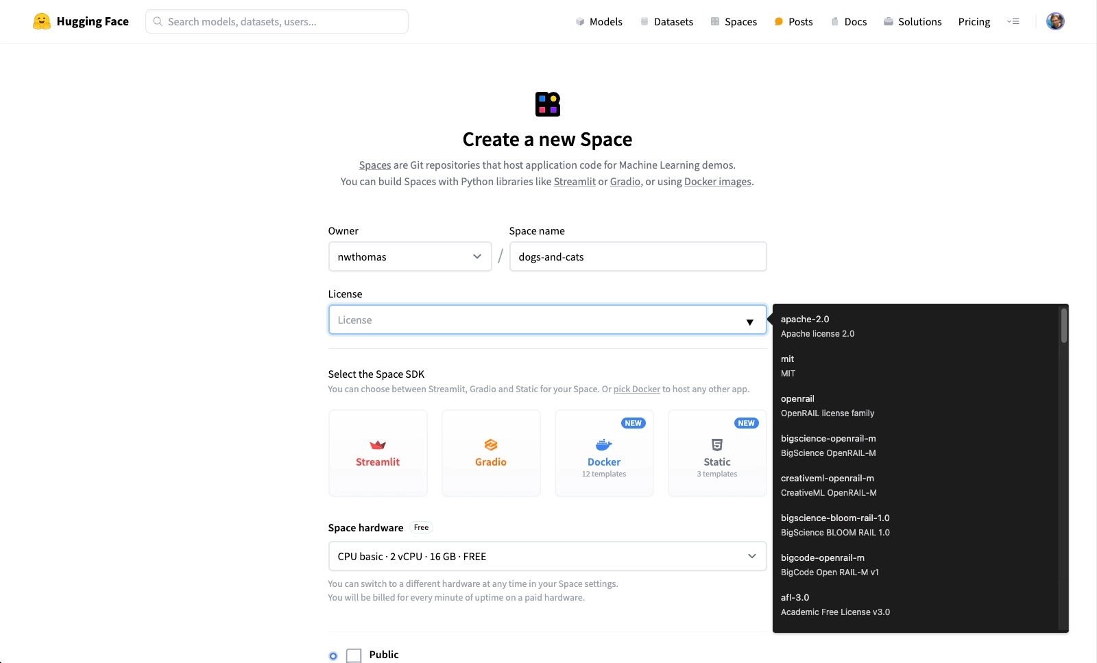 Creating a new Hugging Space page